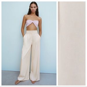 NWT. Zara Cream Full Length High-waist Wide-leg Trousers. Size M.